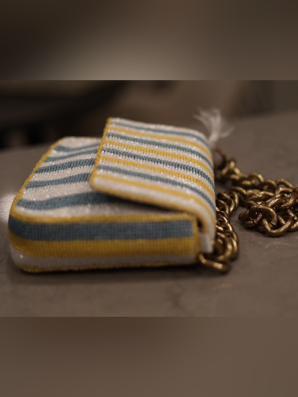 NWT Handmade Beaded Stripe Shoulder Bag Gold Chain Coastal Clutch - Picture 5 of 9
